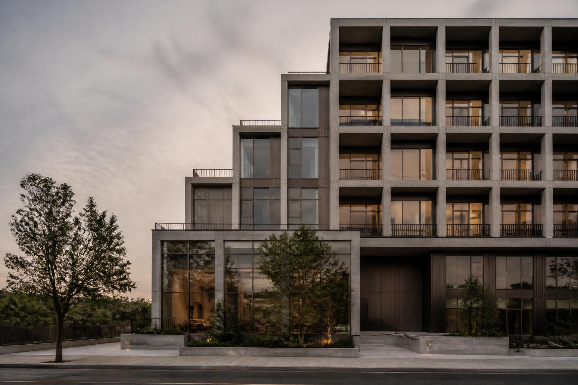 Modern multifamily and mixed-use architecture at dusk